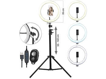 Somikon Handy Stativ mit Licht: LED-Ringlicht, Handy-Halter, Stativ, Fernauslöser, Ø 10" / 25 cm