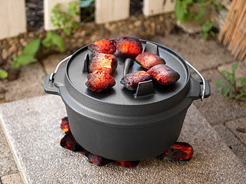Rosenstein & Söhne Dutch Ofen: Dutch Oven aus Gusseisen mit Standfüßen, 2in1-Deckel & -Pfanne, 3 l