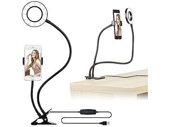 Somikon Selfie Ringlicht Handy: Selfie-Ringlicht mit Smartphone-Halterung und Klemmbefestigung, Ø 9 cm (Schwanenhals)