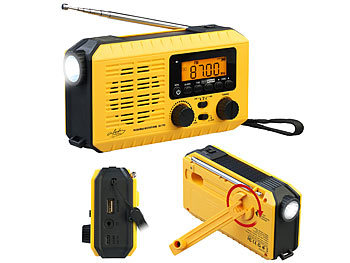 infactory Kurbelradio: infactory Solar- und Dynamo-Kurbel-Radio, LED-Licht, SOS, Powerbank, LCD-Display