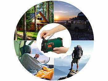 infactory Dynamo Radio:
infactory Mobiles Kurbelradio mit DAB+, EWF-Funktion, Solarpanel, LED, USB