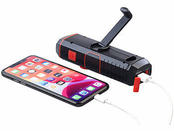 infactory Radio Kurbel: infactory Dynamo-FM-Radio und Taschenlampe mit 120-dB-Sirene, USB-Ladefunktion
