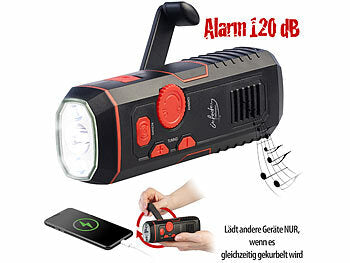 infactory Radio Kurbel: infactory Dynamo-FM-Radio und Taschenlampe mit 120-dB-Sirene, USB-Ladefunktion