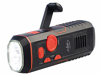 infactory Radio Kurbel: infactory Dynamo-FM-Radio und Taschenlampe mit 120-dB-Sirene, USB-Ladefunktion