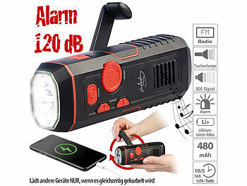 infactory Radio Kurbel: infactory Dynamo-FM-Radio und Taschenlampe mit 120-dB-Sirene, USB-Ladefunktion