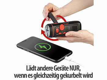 infactory Radio Kurbel: infactory Dynamo-FM-Radio und Taschenlampe mit 120-dB-Sirene, USB-Ladefunktion