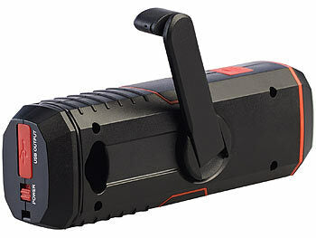 infactory Radio Kurbel: infactory Dynamo-FM-Radio und Taschenlampe mit 120-dB-Sirene, USB-Ladefunktion
