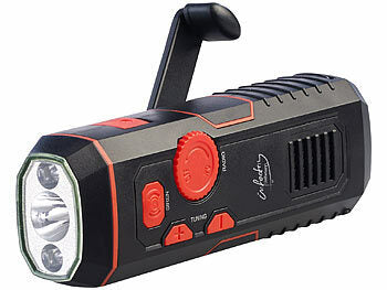 infactory Radio Kurbel: infactory Dynamo-FM-Radio und Taschenlampe mit 120-dB-Sirene, USB-Ladefunktion