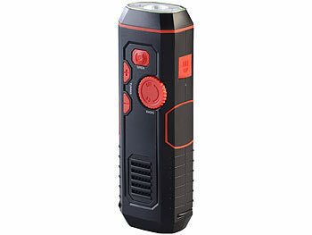 infactory Radio Kurbel: infactory Dynamo-FM-Radio und Taschenlampe mit 120-dB-Sirene, USB-Ladefunktion