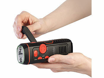 infactory Radio Kurbel: infactory Dynamo-FM-Radio und Taschenlampe mit 120-dB-Sirene, USB-Ladefunktion