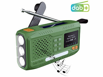 infactory Notfallradio: infactory Mobiles DAB+-Kurbelradio mit EWF, Solarpanel, LED, USB, Bluetooth 5