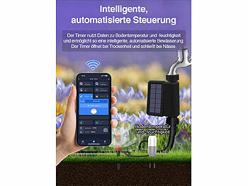 Royal Gardineer Solarbewässerungssystem: WLAN-Bewässerungscomputer, Solarpanel, BT-Gateway, App, Bodensensor