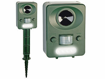 Exbuster Tierabwehr: Ultraschall-Solar-USB-Tierschreck mit Blitzlicht und PIR-Sensor, IP44 (Akustischer Bewegungsmelder)