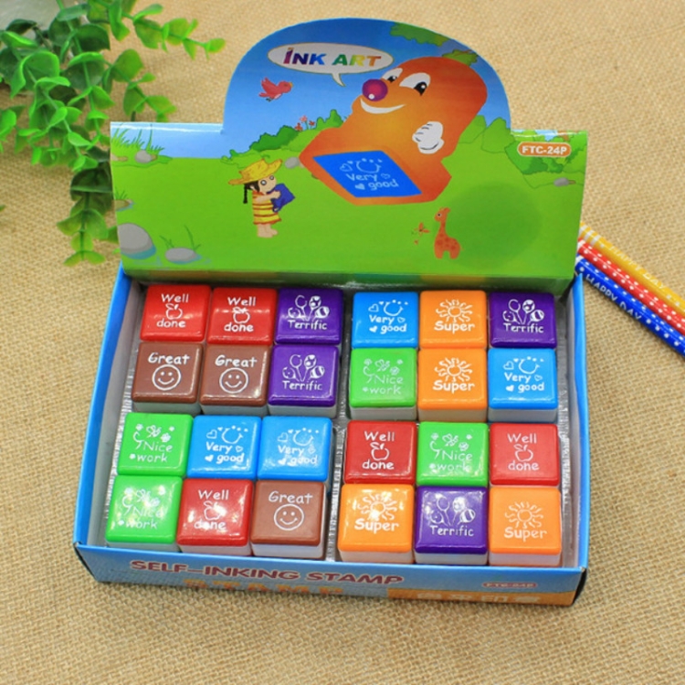 24 PCS / Box Lehrerkommentare Cartoon Plastic Square Stamps Buntes Muster Kinderspielzeugstempel – Bild 2
