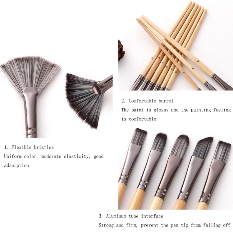 24-in-1 Nylon-Wollpinsel, Leinwand-Aufbewahrungsbeutel-Set, Ölgemälde, Gouache, Aquarellpinsel – Bild 4